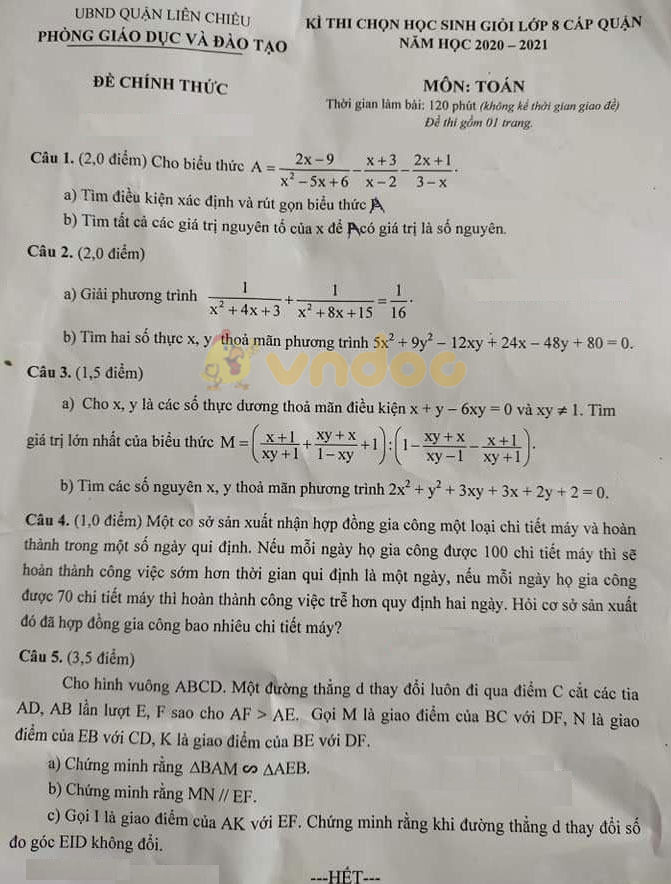 Đề thi học sinh giỏi lớp 8 môn Toán Phòng GD&ĐT Quận Liên Chiểu năm 2020 - 2021