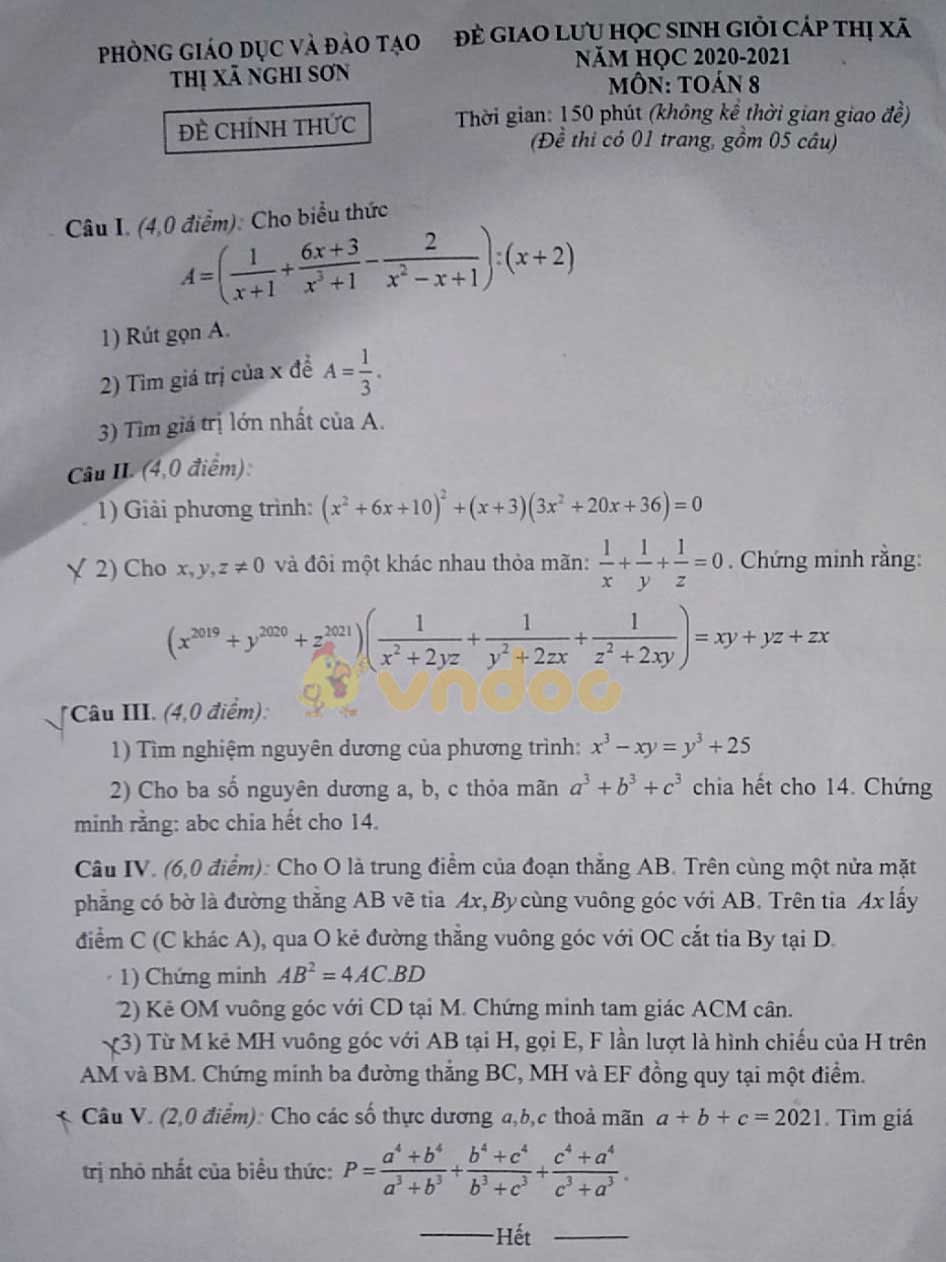 Đề thi học sinh giỏi lớp 8 môn Toán Phòng GD&ĐT Thị xã Nghi Sơn năm 2020 - 2021
