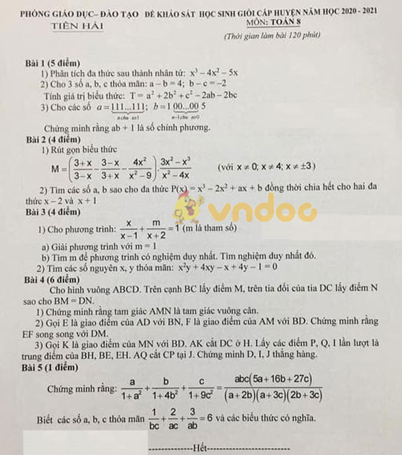Đề thi học sinh giỏi lớp 8 môn Toán Phòng GD&ĐT Tiền Hải năm 2020 - 2021