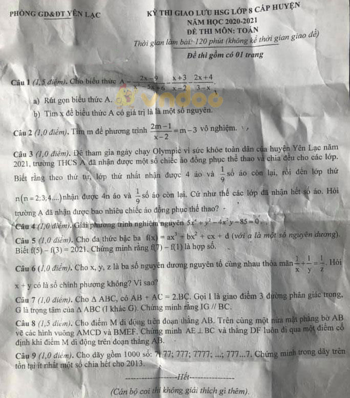 Đề thi học sinh giỏi lớp 8 môn Toán Phòng GD&ĐT Yên Lạc năm 2020 - 2021