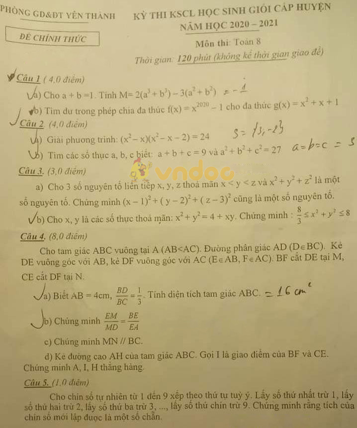 Đề thi học sinh giỏi lớp 8 môn Toán Phòng GD&ĐT Yên Thành năm 2020 - 2021