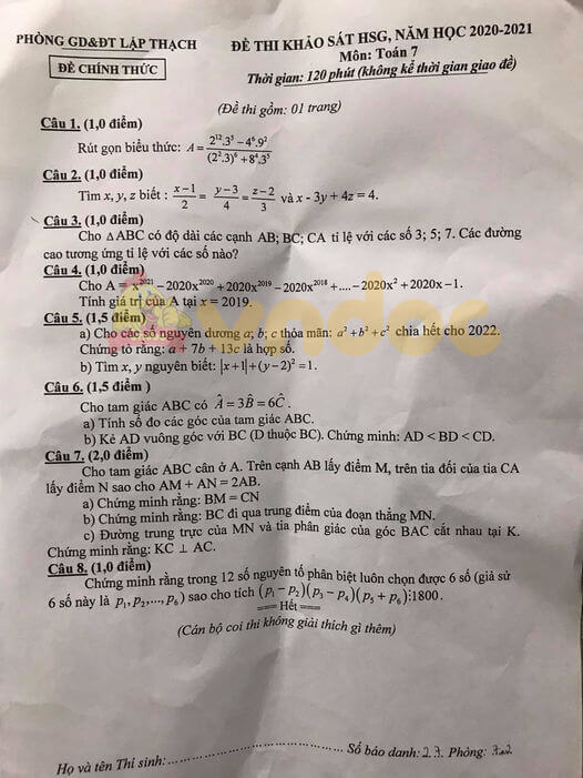 Đề thi học sinh giỏi cấp huyện lớp 7 môn Toán