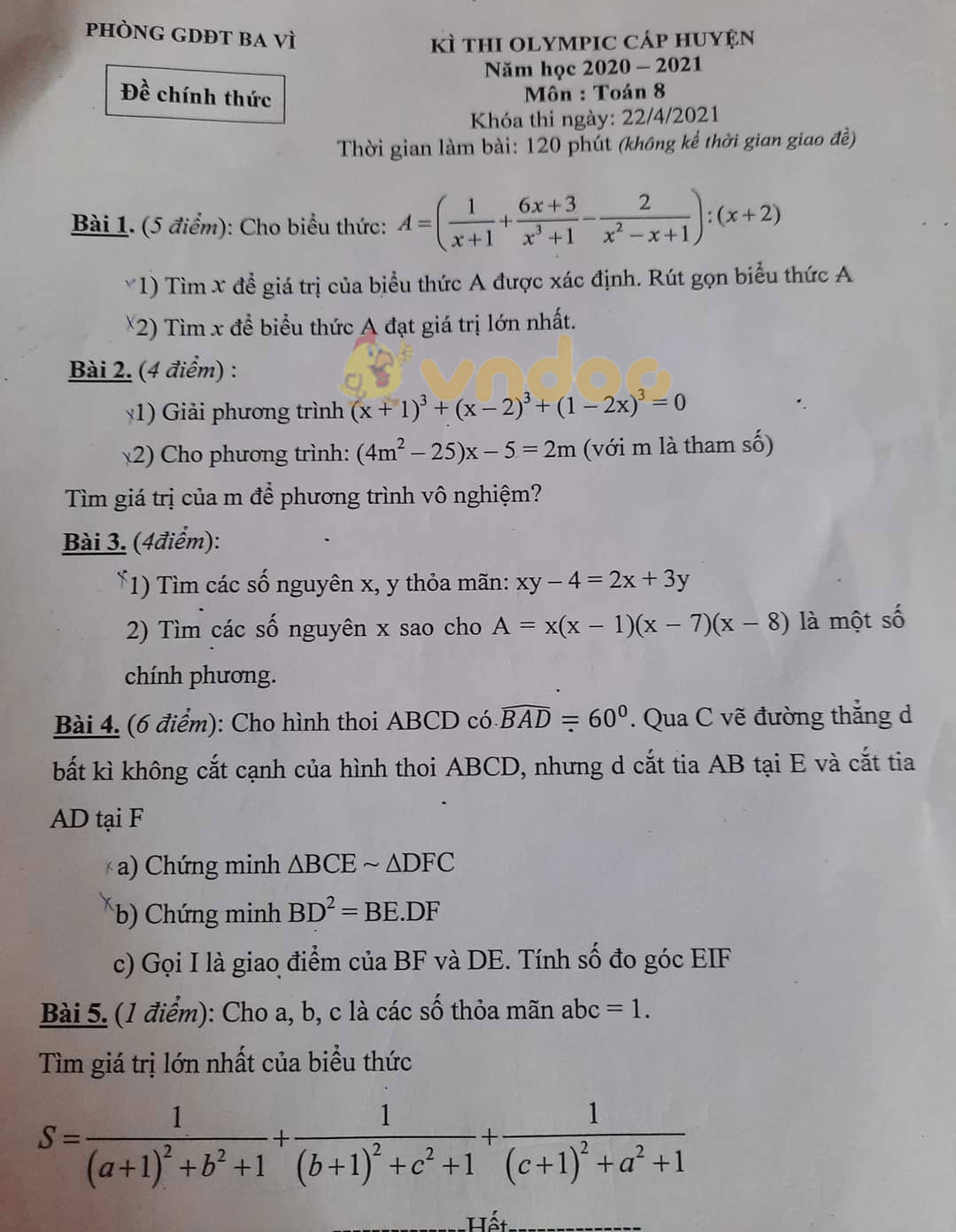 Đề thi Olympic lớp 8 môn Toán Phòng GD&ĐT Ba Vì năm 2020 - 2021