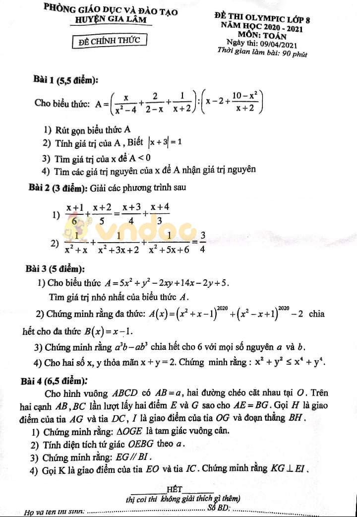 Đề thi Olympic lớp 8 môn Toán Phòng GD&ĐT huyện Gia Lâm năm 2020 - 2021