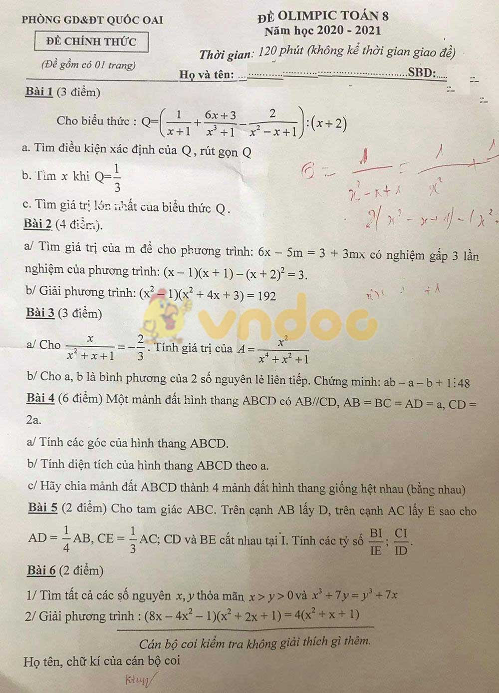 Đề thi Olympic lớp 8 môn Toán Phòng GD&ĐT Quốc Oai năm 2020 - 2021