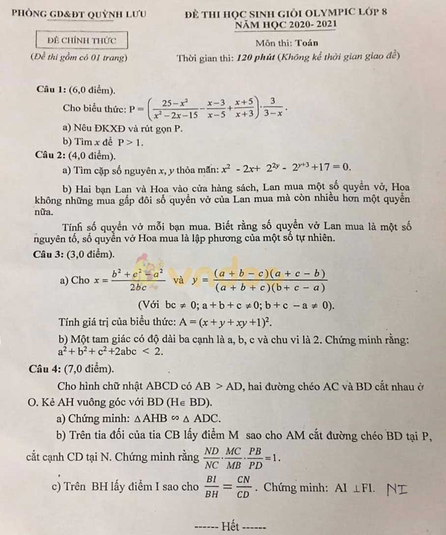 Đề thi Olympic lớp 8 môn Toán Phòng GD&ĐT Quỳnh Lưu năm 2020 - 2021