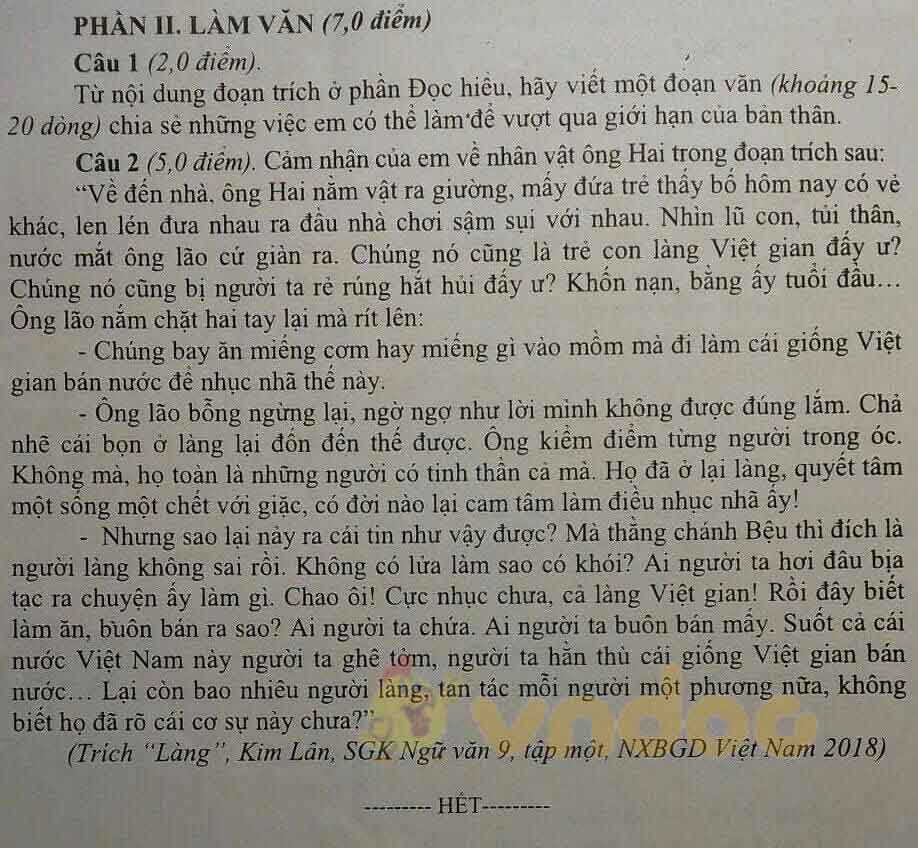 Đề thi thử vào lớp 10 môn Ngữ văn phòng GD&ĐT huyện Đại Từ năm 2021 - 2022