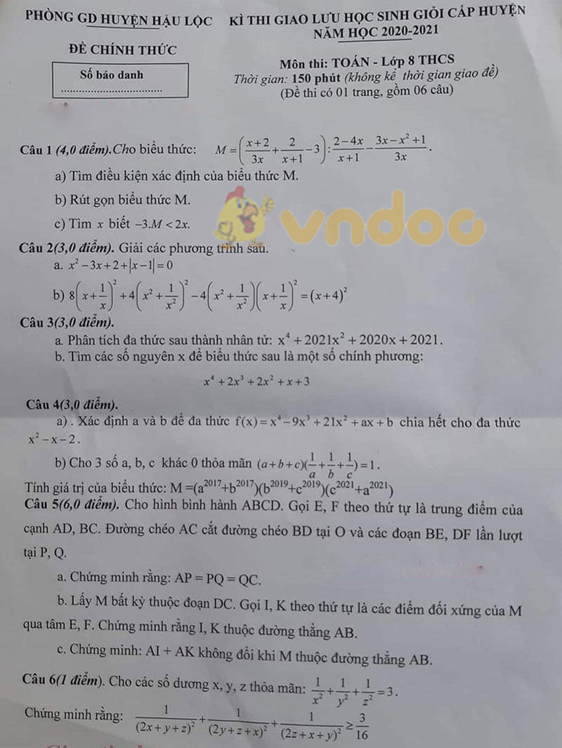Đề thi học sinh giỏi lớp 8 môn Toán Phòng GD&ĐT Hậu Lộc năm 2020 - 2021