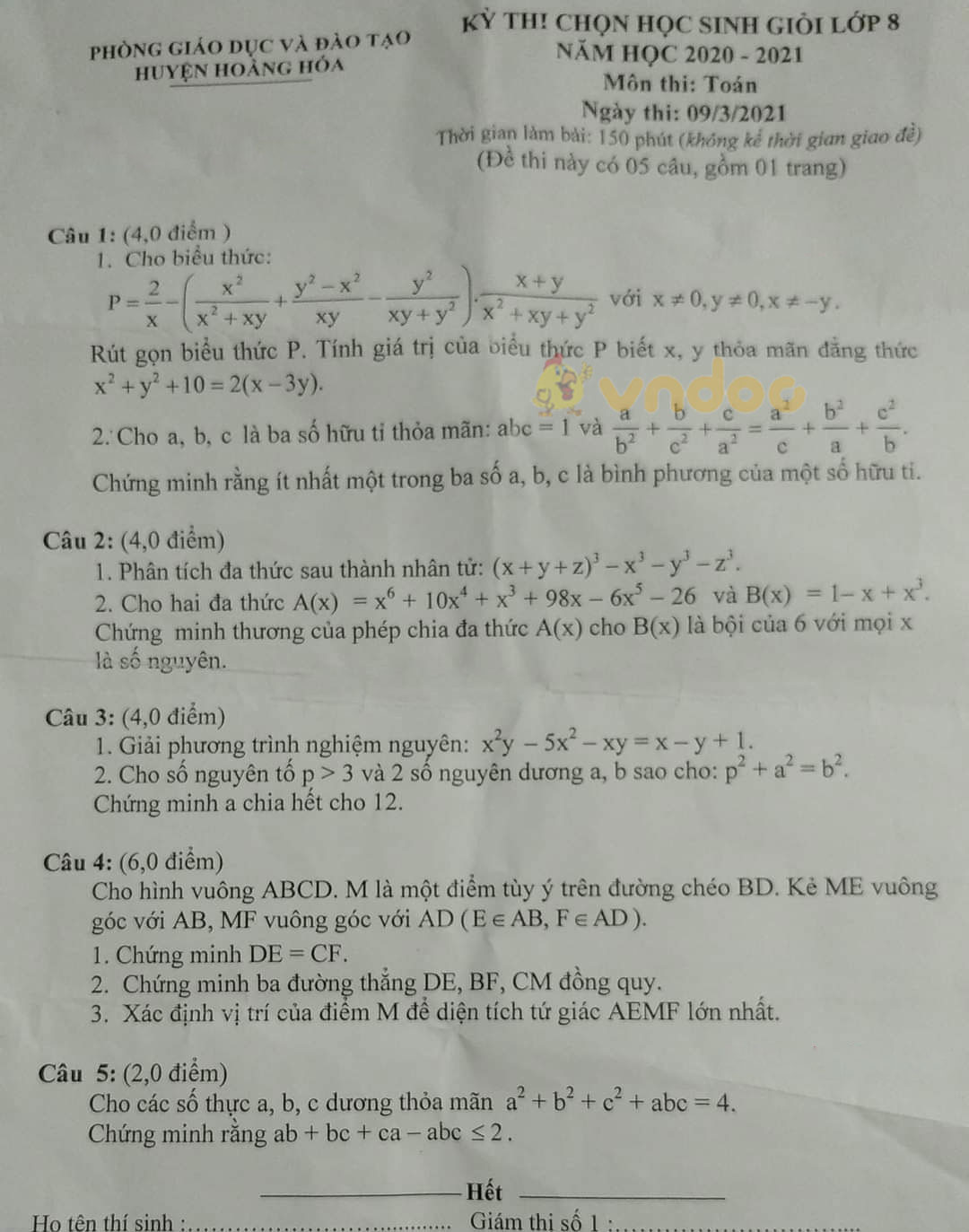Đề thi học sinh giỏi lớp 8 môn Toán Phòng GD&ĐT Than Uyên năm 2020 - 2021