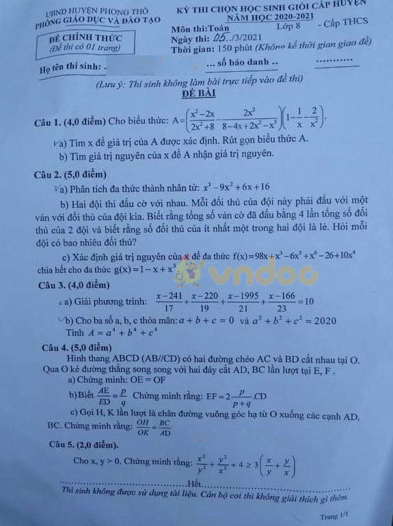 Đề thi học sinh giỏi lớp 8 môn Toán Phòng GD&ĐT huyện Phong Thổ, Lai Châu năm 2020 - 2021