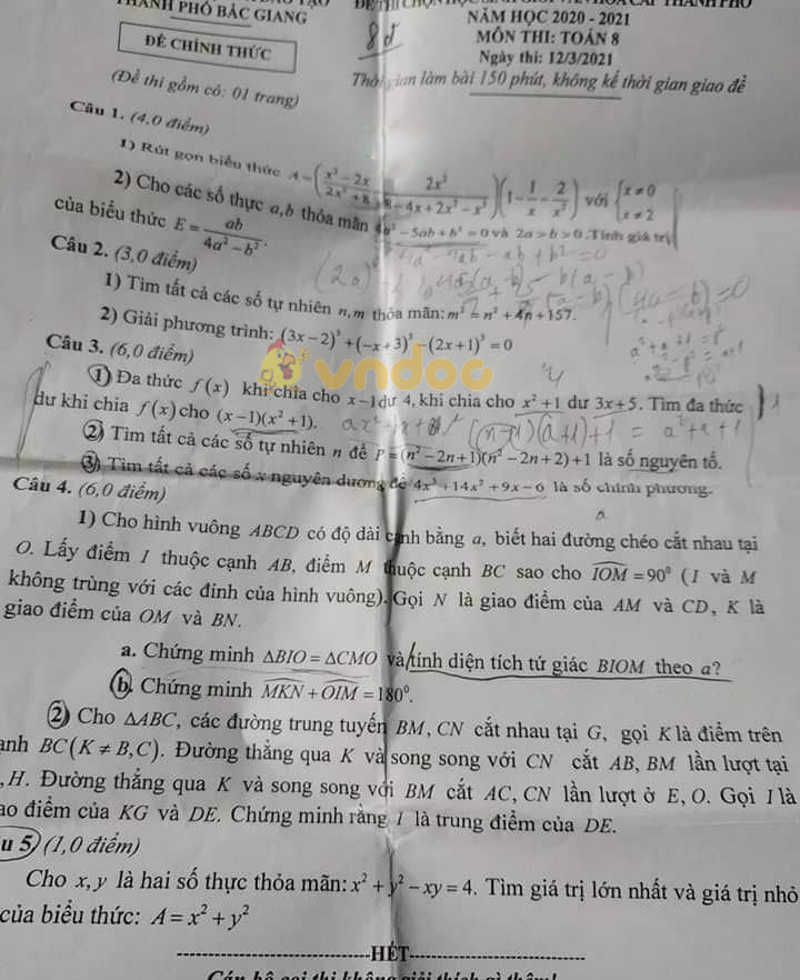 Đề thi học sinh giỏi lớp 8 môn Toán Phòng GD&ĐT TP. Bắc Giang năm 2020 - 2021
