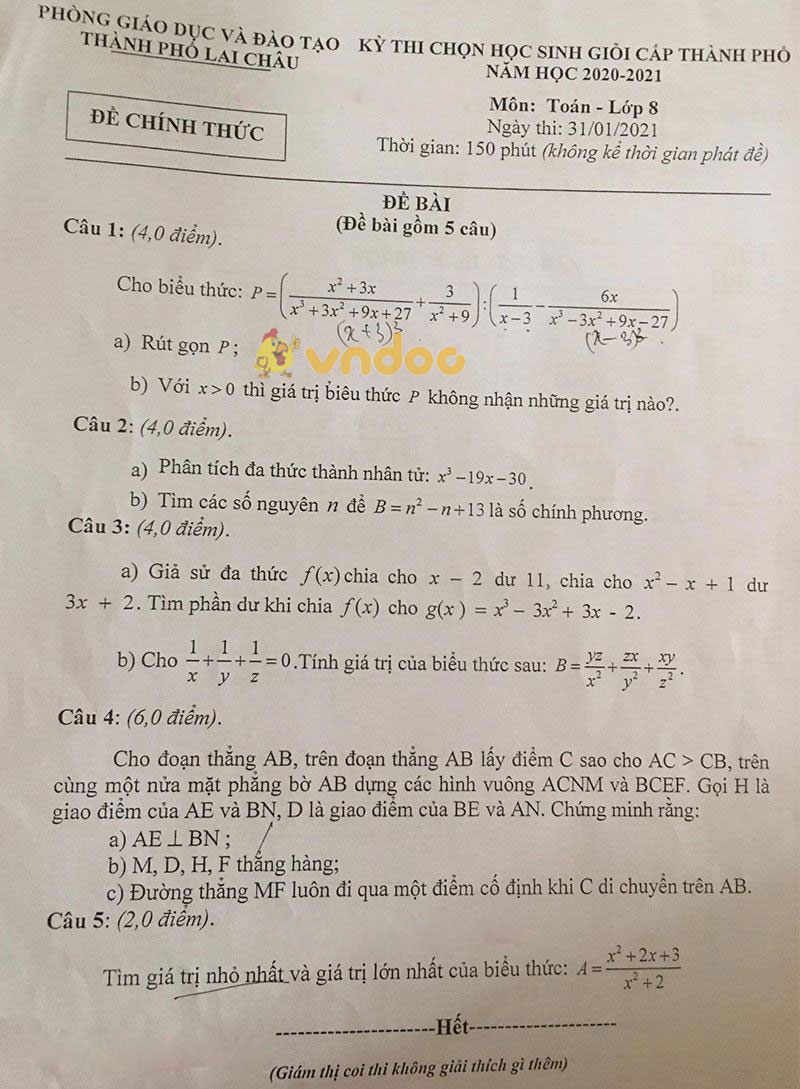 Đề thi học sinh giỏi lớp 8 môn Toán Phòng GD&ĐT TP. Lai Châu năm 2020 - 2021