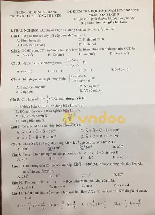 Đề thi học kì 2 Toán 9 Trường THCS Lương Thế Vinh, Nha Trang năm 2020 - 2021