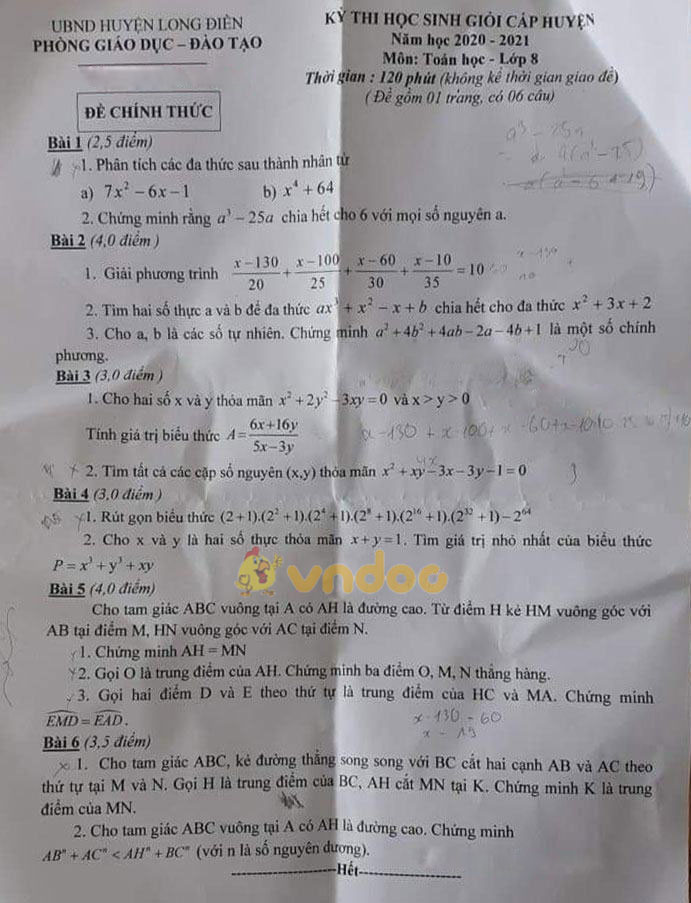 Đề thi học sinh giỏi lớp 8 môn Toán Phòng GD&ĐT huyện Long Điền năm 2020 - 2021