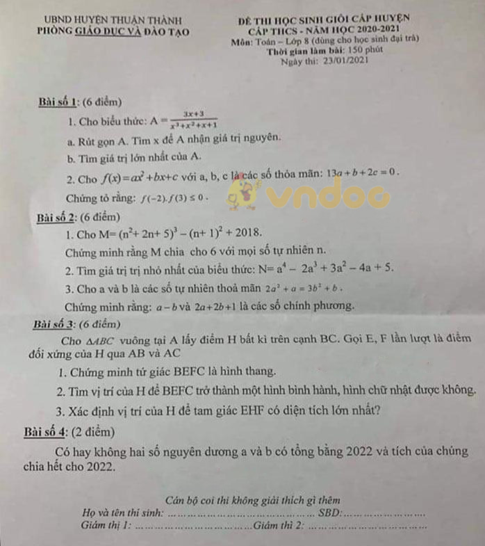 Đề thi học sinh giỏi lớp 8 môn Toán Phòng GD&ĐT huyện Thuận Thành năm 2020 - 2021