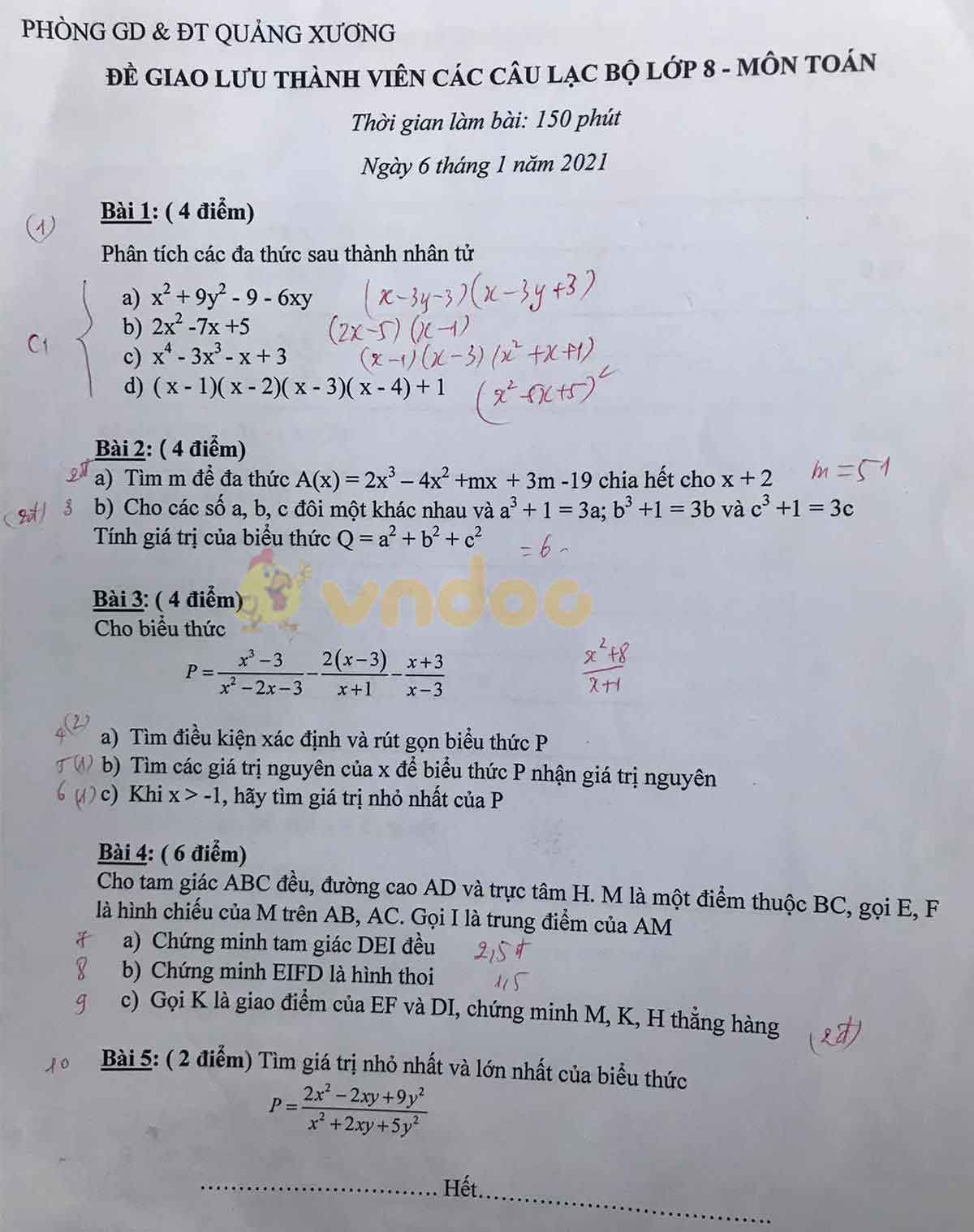 Đề thi học sinh giỏi lớp 8 môn Toán Phòng GD&ĐT Quảng Xương năm 2020 - 2021