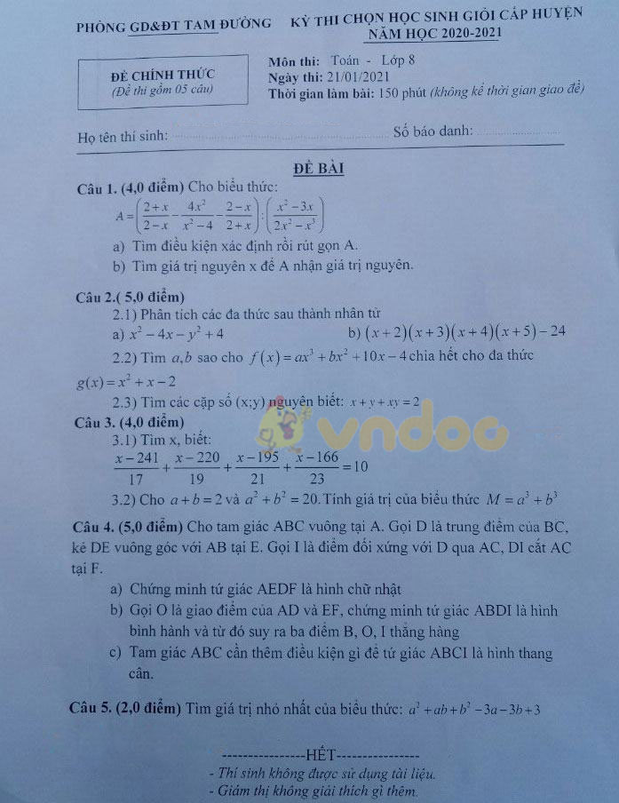 Đề thi học sinh giỏi lớp 8 môn Toán Phòng GD&ĐT Tam Đường năm 2020 - 2021