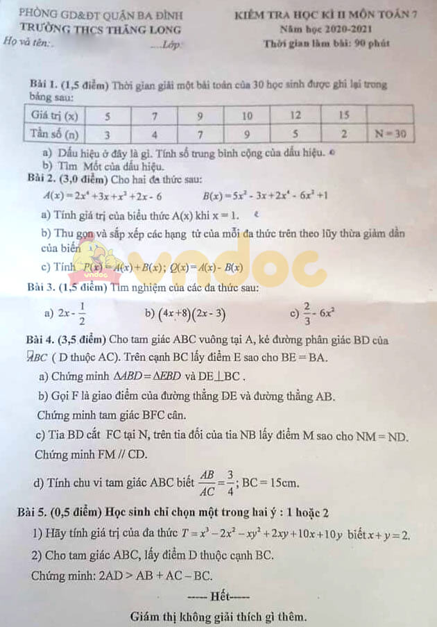 Đề thi hk2 Toán 7