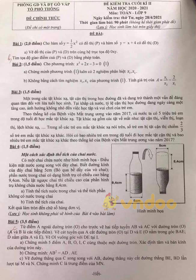 Đề thi học kì 2 Toán 9 phòng GD&ĐT Gò Vấp năm 2020 - 2021