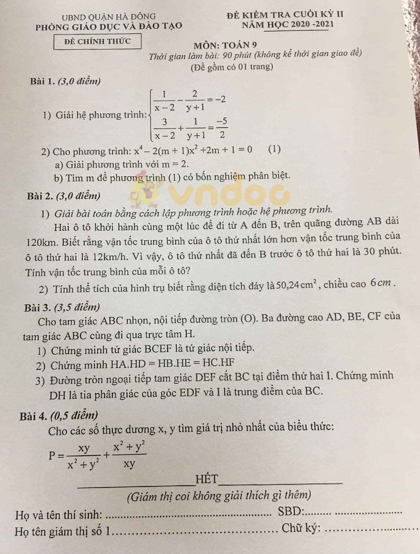 Đề thi học kì 2 Toán 9 phòng GD&ĐT Hà Đông năm 2020 - 2021