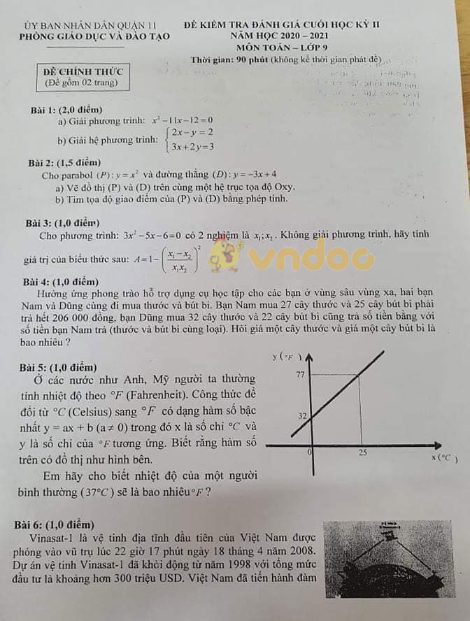 Đề thi học kì 2 Toán 9 Phòng GD&ĐT Quận 11 năm 2020 - 2021