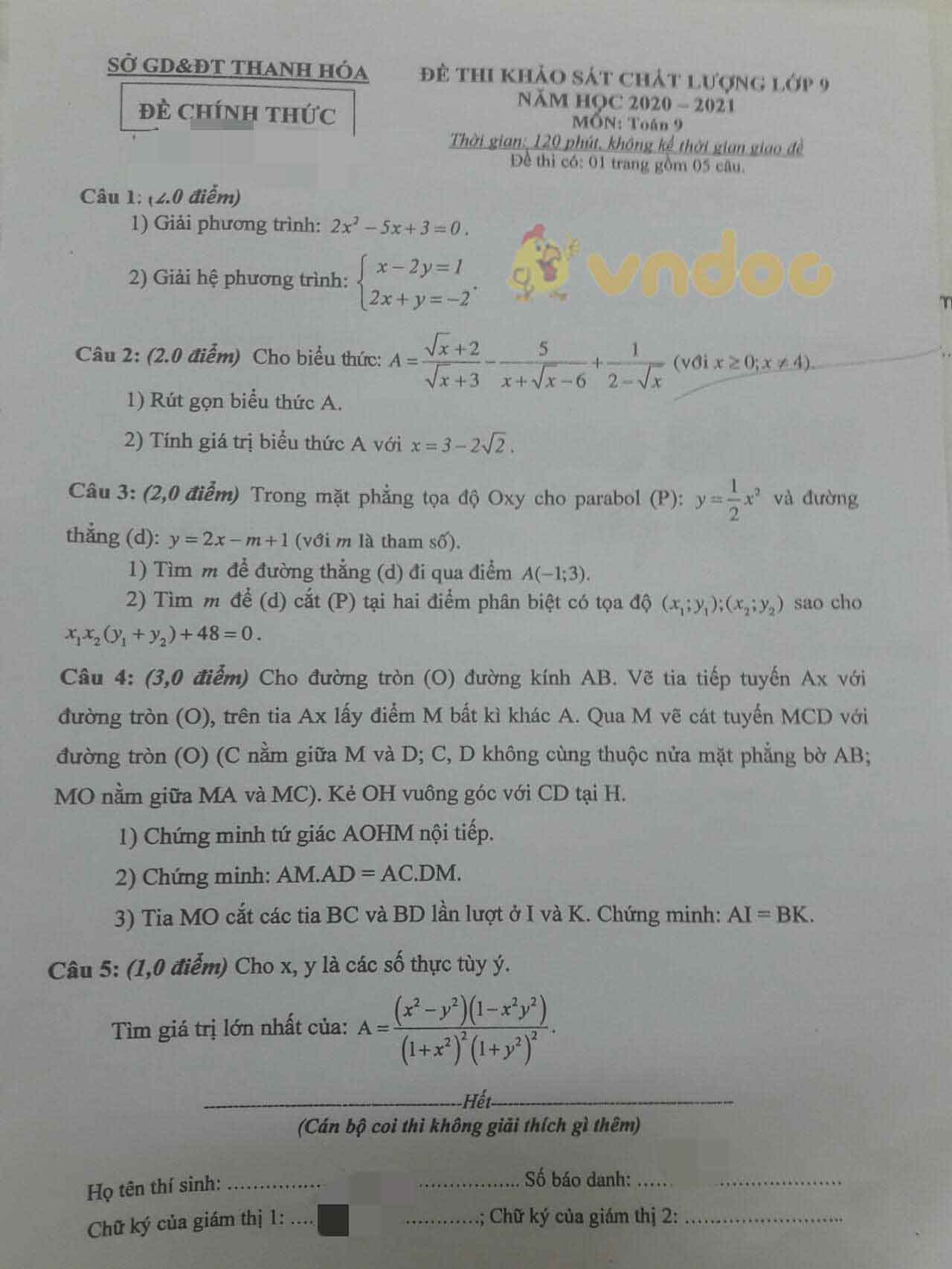 Đề thi học kì 2 Toán 9 Sở GD&ĐT Thanh Hóa năm 2020 - 2021