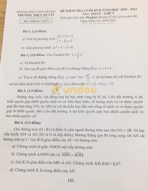 Đề thi học kì 2 Toán 9 Trường THCS Âu Cơ, Nha Trang năm 2020 - 2021