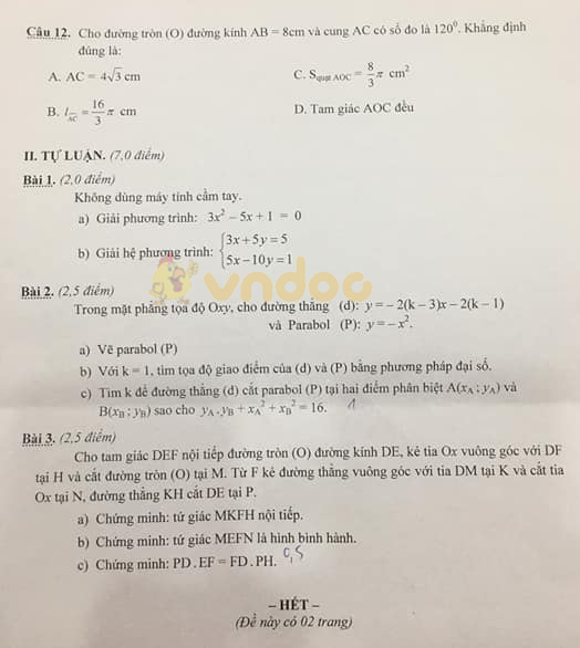 Đề thi học kì 2 Toán 9 Trường THCS Lương Thế Vinh, Nha Trang năm 2020 - 2021