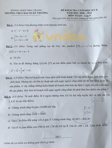 Đề thi học kì 2 Toán 9 Trường THCS Mai Xuân Thưởng, Nha Trang năm 2020 - 2021