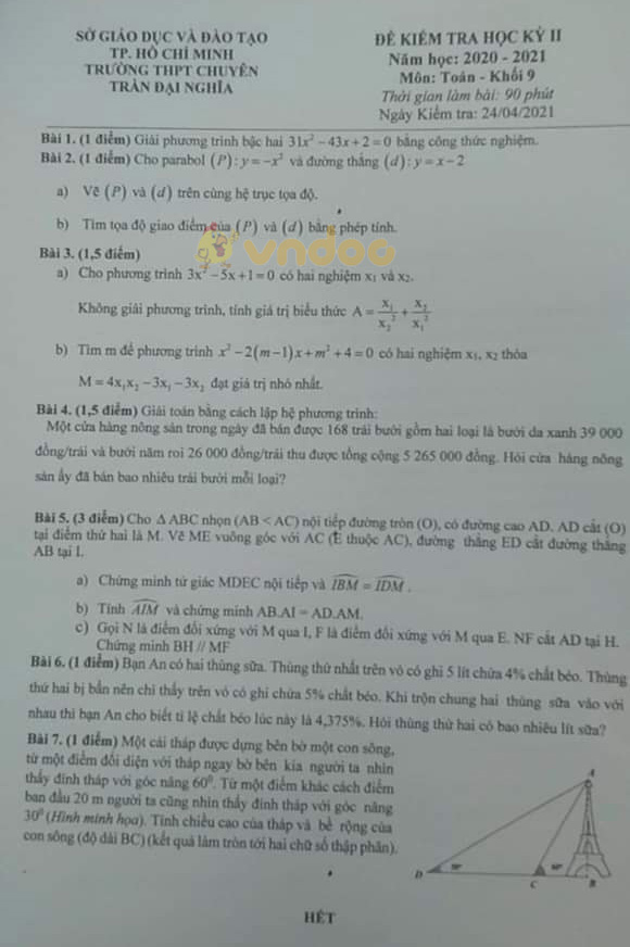 Đề thi học kì 2 Toán 9 Trường THPT Chuyên Trần Đại Nghĩa, TP. HCM năm 2020 - 2021