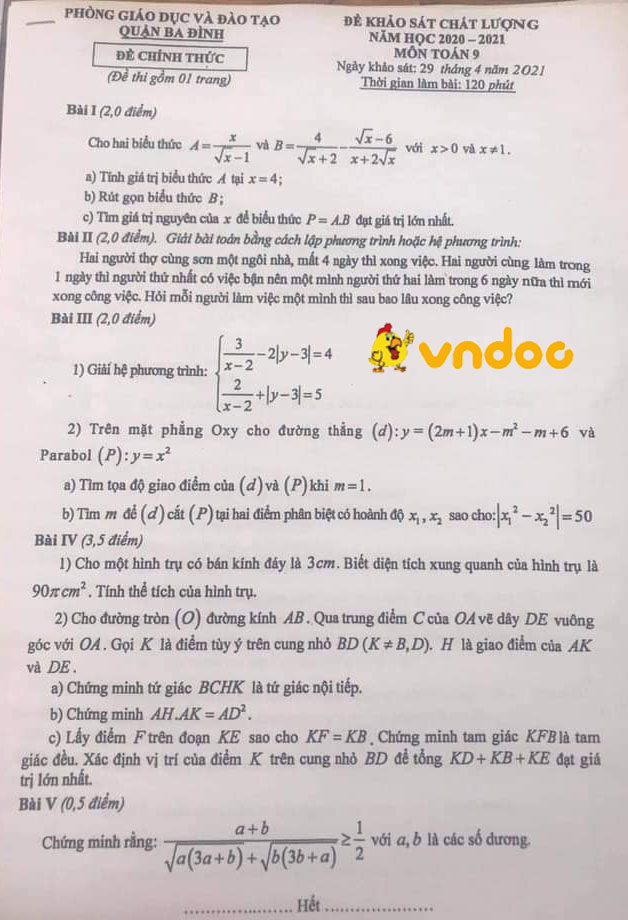 Đề thi thử vào lớp 10 môn Toán phòng GD&ĐT Quận Ba Đình năm 2020 - 2021
