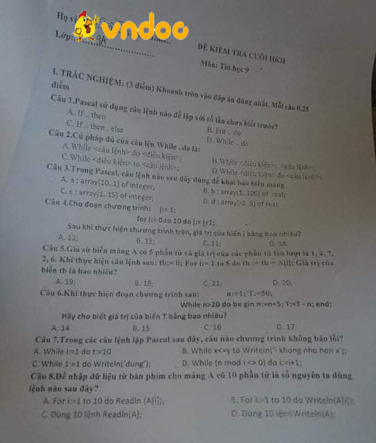 Đề thi học kì 2 lớp 9 môn Tin học năm 2020 - 2021
