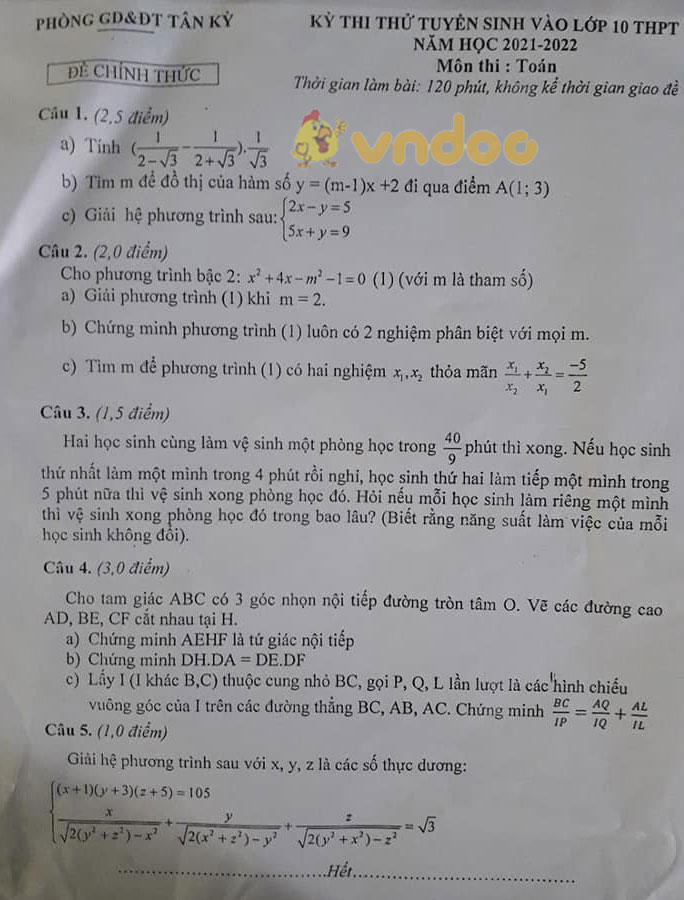 Đề thi thử vào lớp 10 môn Toán phòng GD&ĐT Tân Kỳ năm 2021 - 2022
