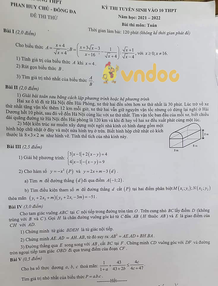 Đề thi thử vào lớp 10 môn Toán Trường THPT Phan Huy Chú, Đống Đa năm học 2021 - 2022