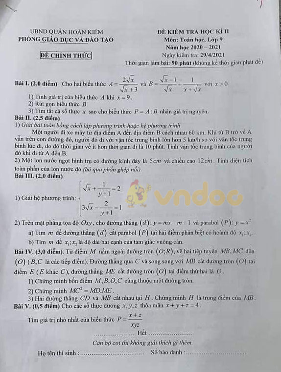 Đề thi học kì 2 Toán 9 Phòng GD&ĐT Quận Hoàn Kiếm năm 2020 - 2021