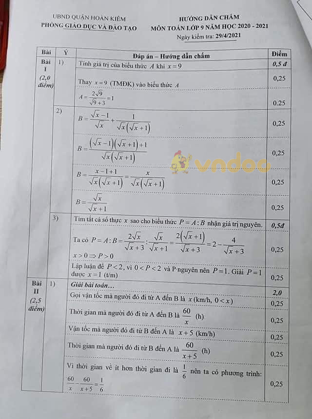 Đề thi học kì 2 Toán 9 Phòng GD&ĐT Quận Hoàn Kiếm năm 2020 - 2021