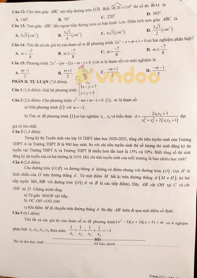 Đề thi học kì 2 Toán 9 Sở GD&ĐT Bắc Giang năm 2020 - 2021