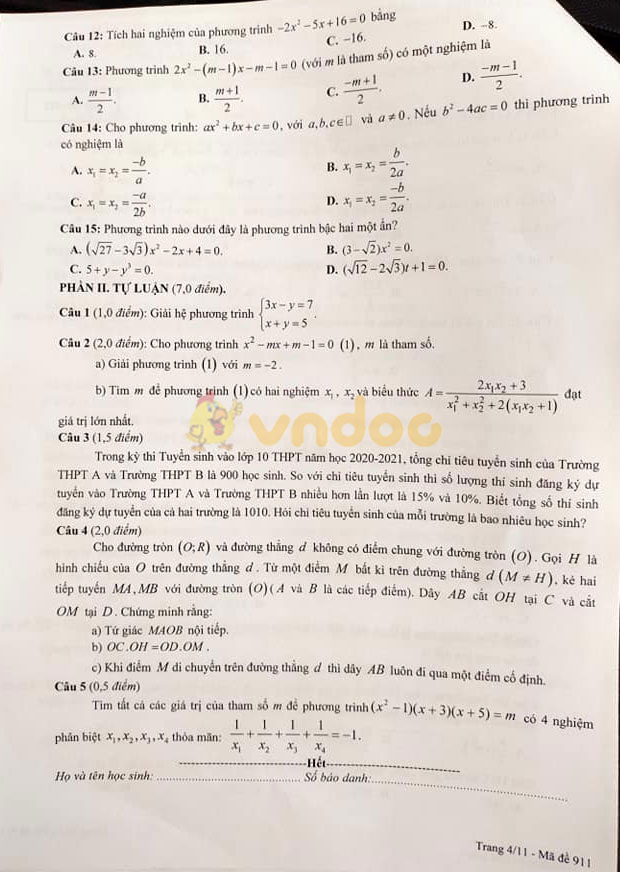 Đề thi học kì 2 Toán 9 Sở GD&ĐT Bắc Giang năm 2020 - 2021