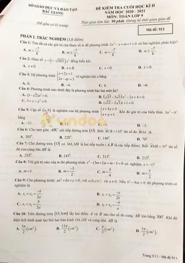 Đề thi học kì 2 Toán 9 Sở GD&ĐT Bắc Giang năm 2020 - 2021