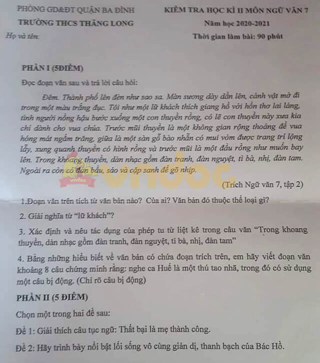 Đề thi học kì 2 Văn 7