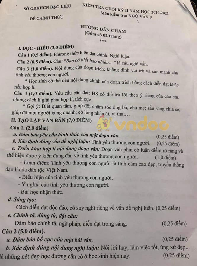 Đề thi học kì 2 lớp 8 môn Văn Sở GDKHCN Bạc Liêu năm 2020 - 2021