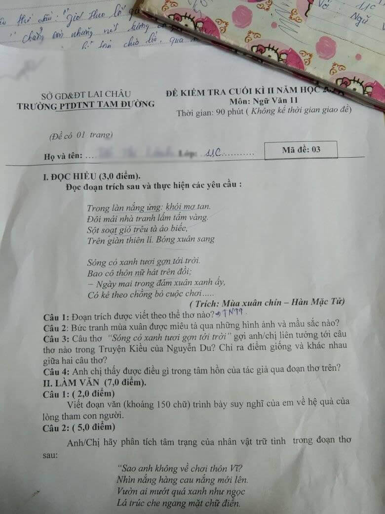 Đề thi học kì 2 môn Ngữ văn lớp 11 trường PTDTNT Tam Đường, tỉnh Lai Châu năm 2020-2021