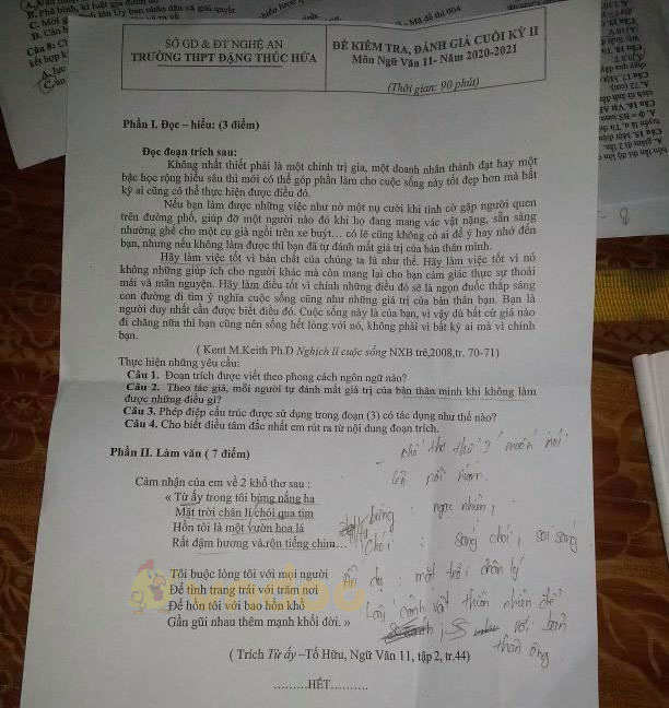Đề thi học kì 2 môn Ngữ văn lớp 11 trường THPT Đặng Thúc Hứa, Nghệ An