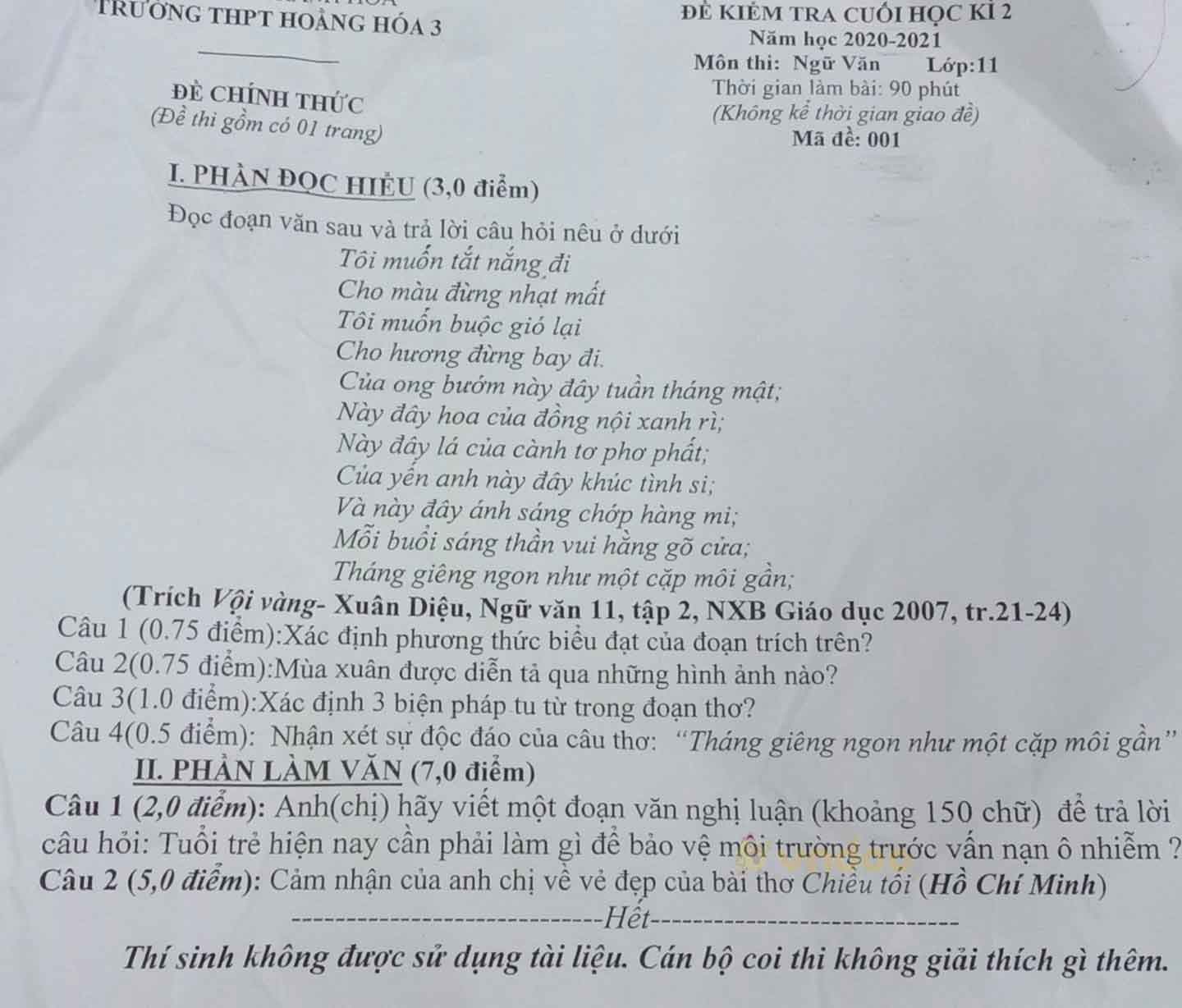 Đề thi học kì 2 môn Ngữ văn lớp 11 trường THPT Hoằng Hóa 3, Thanh Hóa năm 2020-2021