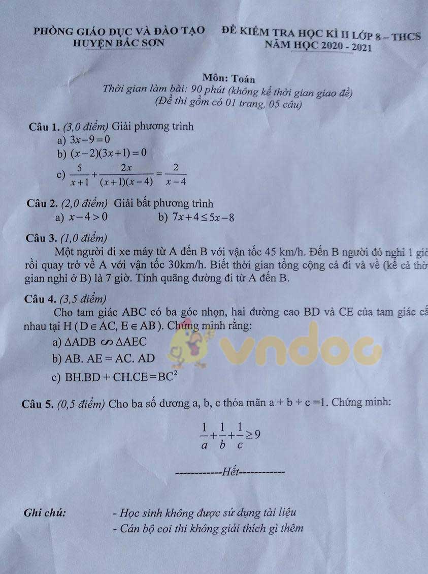 Đề thi học kì 2 Toán 8 Phòng GD&ĐT huyện Bắc Sơn năm 2020 - 2021