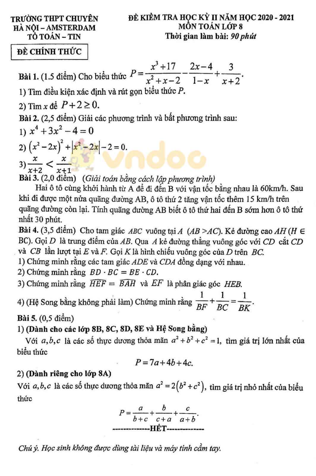 Đề thi học kì 2 Toán 8 Trường THPT Chuyên Hà Nội Amsterdam năm 2020 - 2021