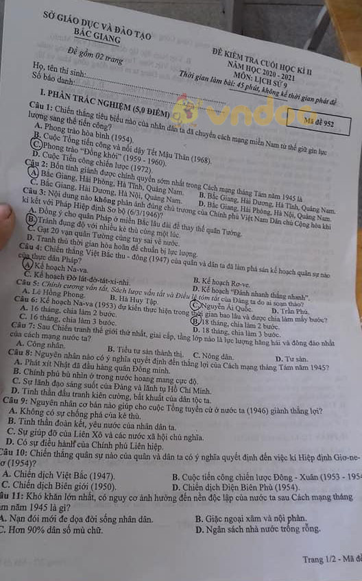 Đề thi Sử 9 học kì 2 Sở GD&ĐT Bắc Giang năm học 2020 - 2021