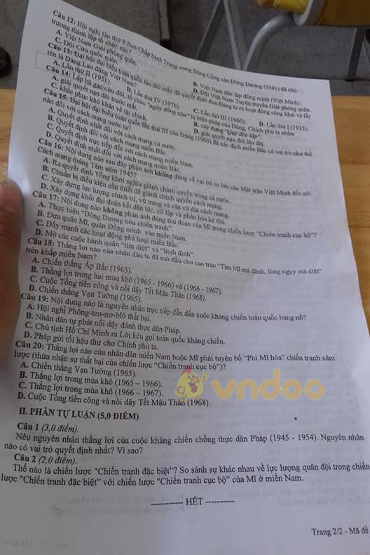 Đề thi Sử 9 học kì 2 Sở GD&ĐT Bắc Giang năm học 2020 - 2021