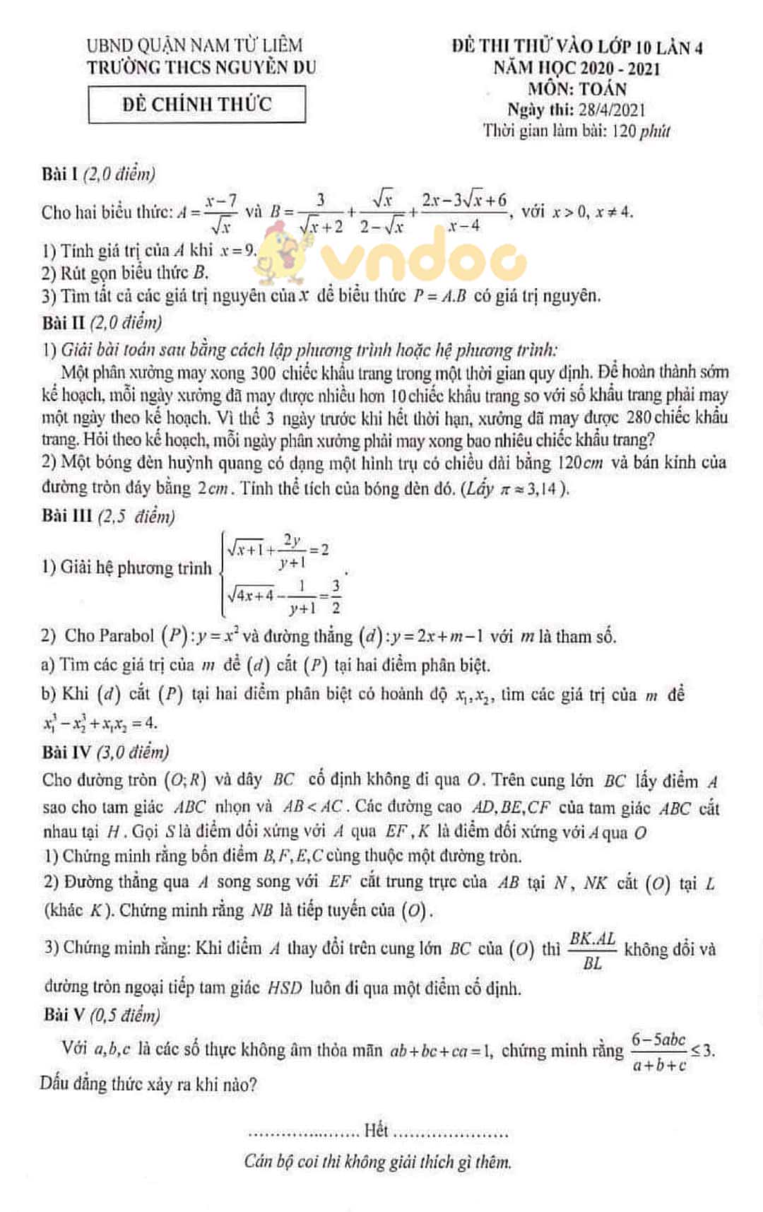 Đề thi thử vào lớp 10 môn Toán Trường THCS Nguyễn Du, Nam Từ Liêm năm học 2021 - 2022 (lần 4)