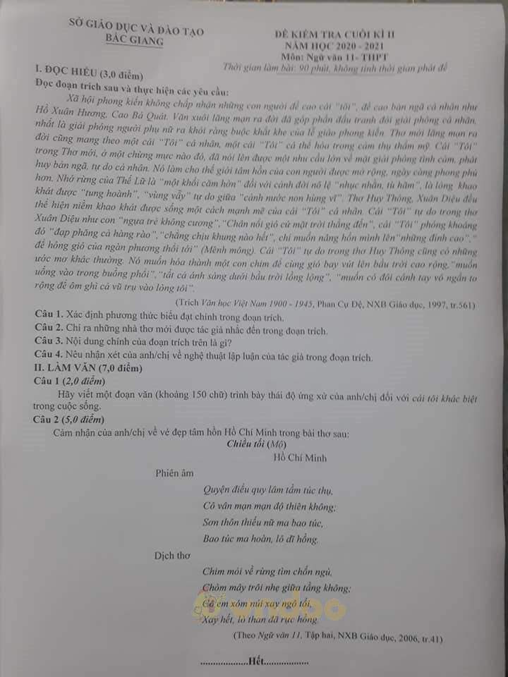 Đề thi học kì 2 môn Ngữ văn lớp 11 Sở GD&ĐT Bắc Giang năm 2020-2021
